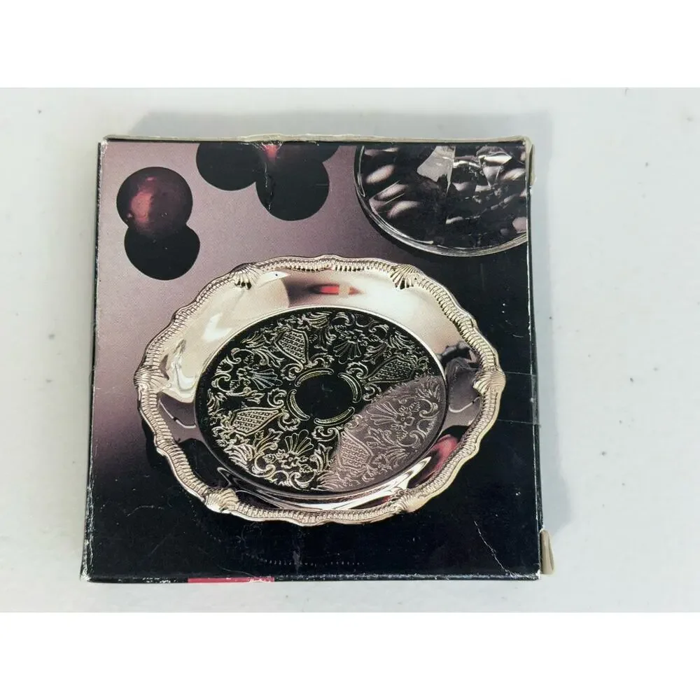 Vintage Silver-Plated Coasters Set of 4 Ornate Scalloped Embossed Patina 3.5”